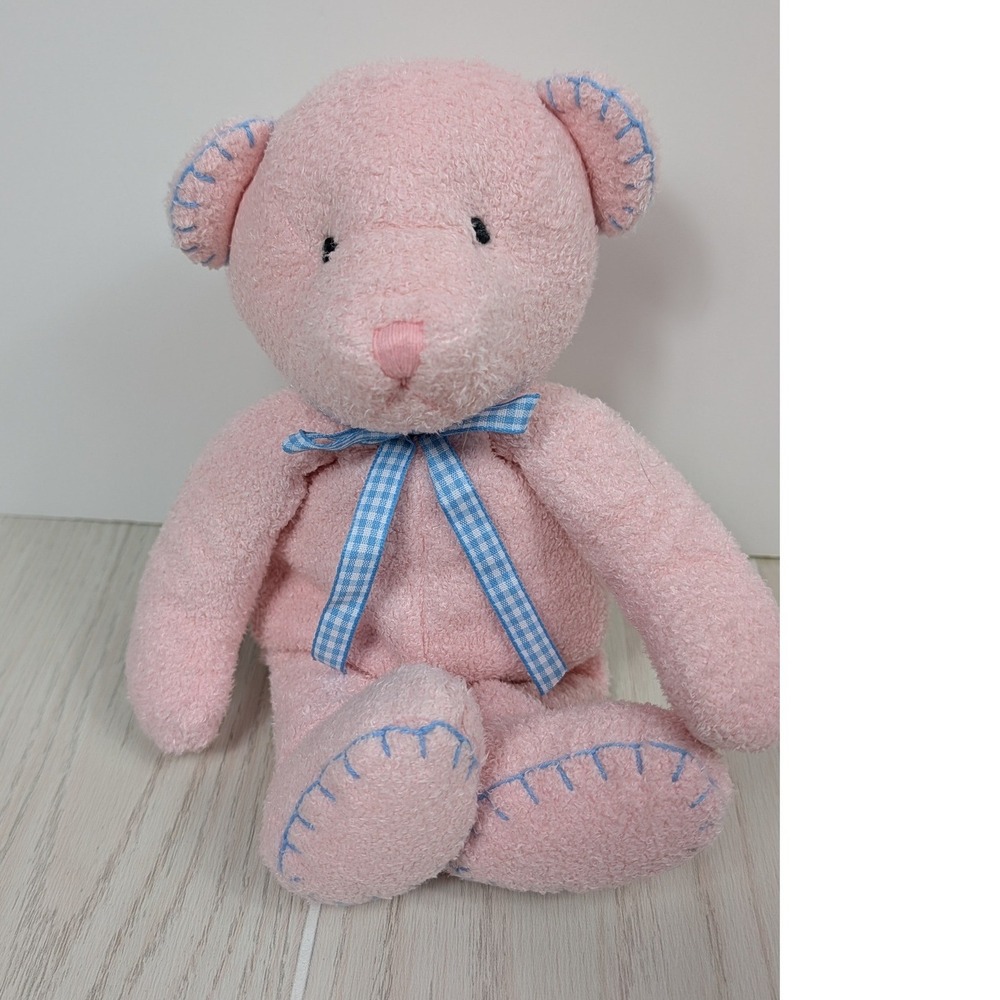 Mary Meyer Teddy Bear Plush Pink Blue Stitching Gingham Ribbon Bow 2000 Vintage